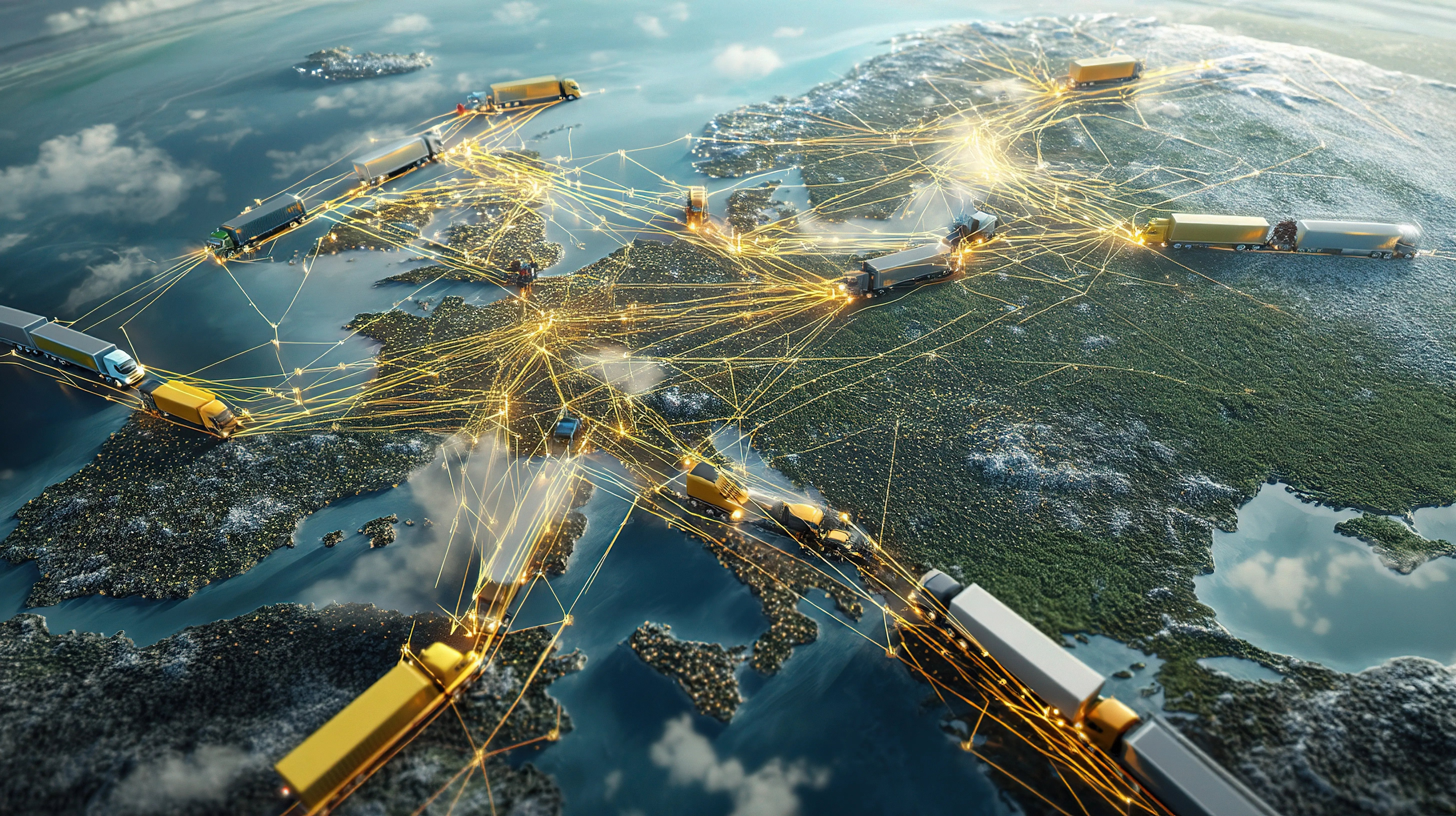 Carte du réseau routier européen illustrant le transport routier connecté et les flux logistiques intelligents.