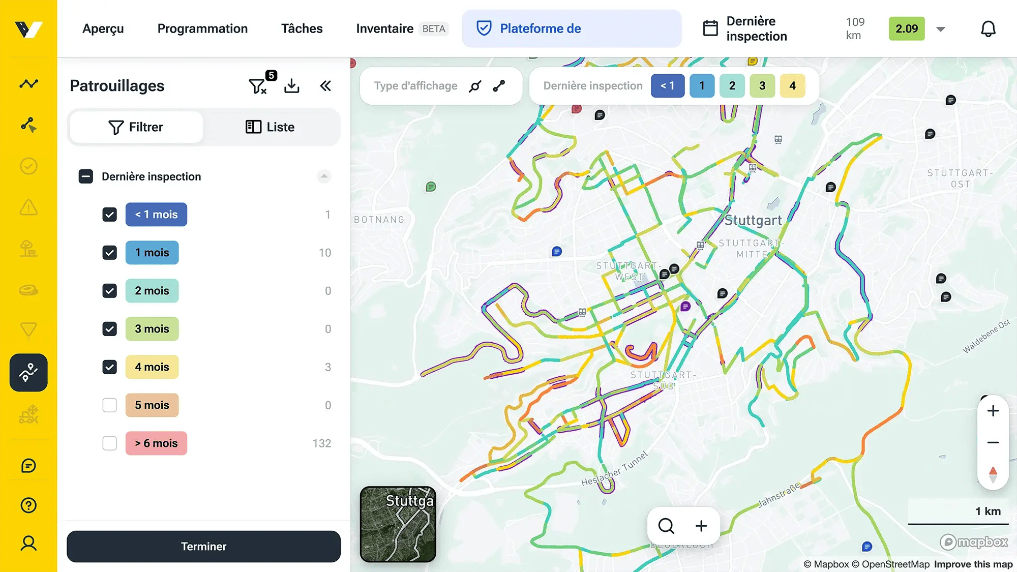 Capture d’écran de la plateforme vialytics montrant une patrouille en vue carte