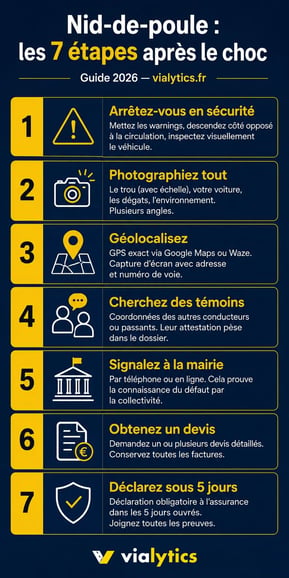 Infographie des 7 étapes à suivre après avoir endommagé sa voiture sur un nid-de-poule