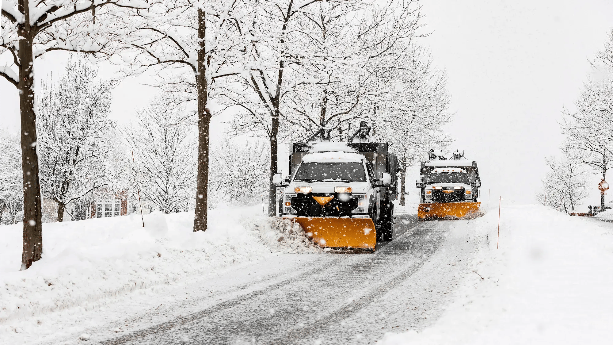 Véhicules de déneigement repoussant la neige dans une drève