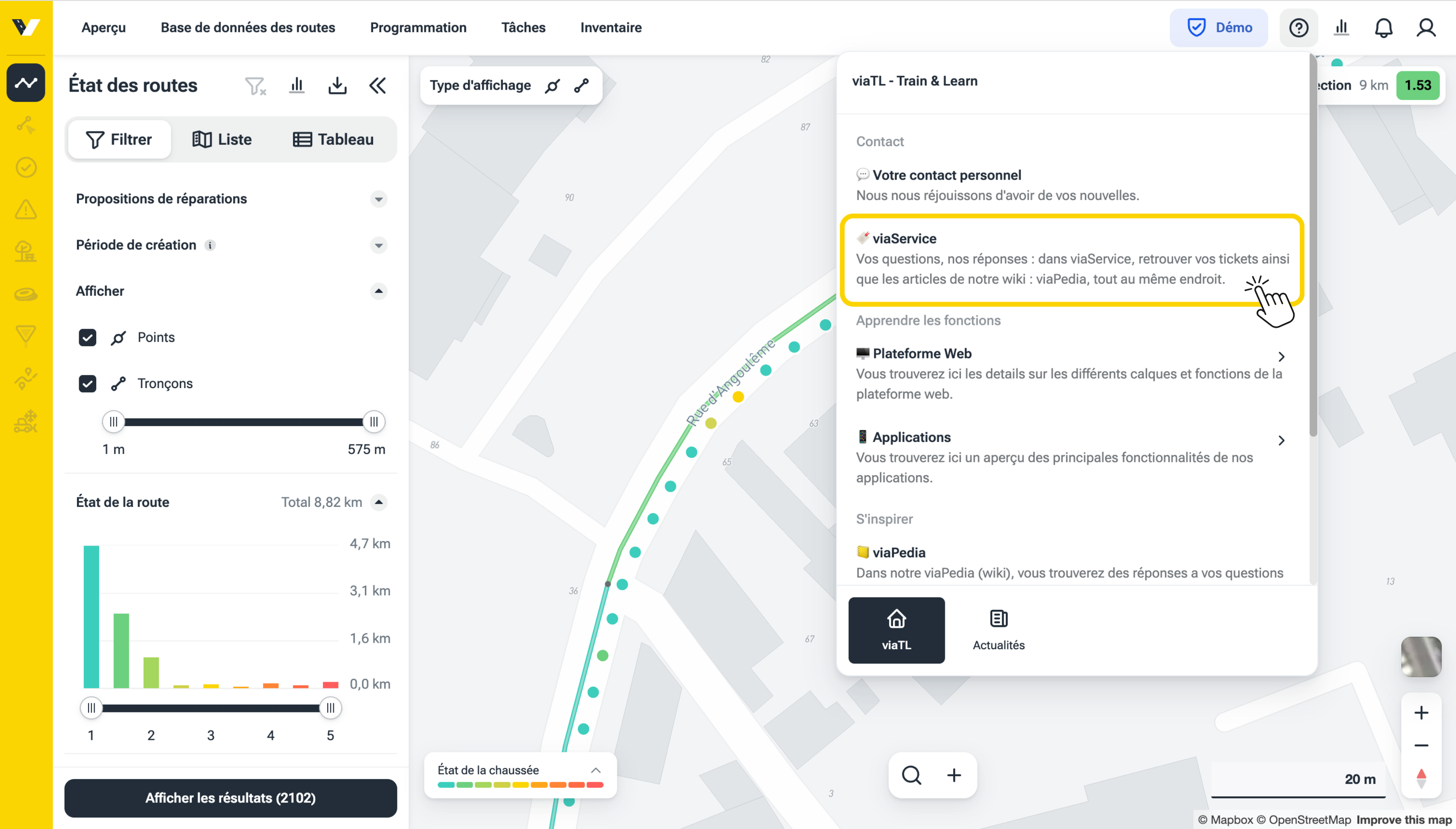Menu d'aide du système web vialytics avec l'entrée viaService mise en avant pour accéder directement au portail de service