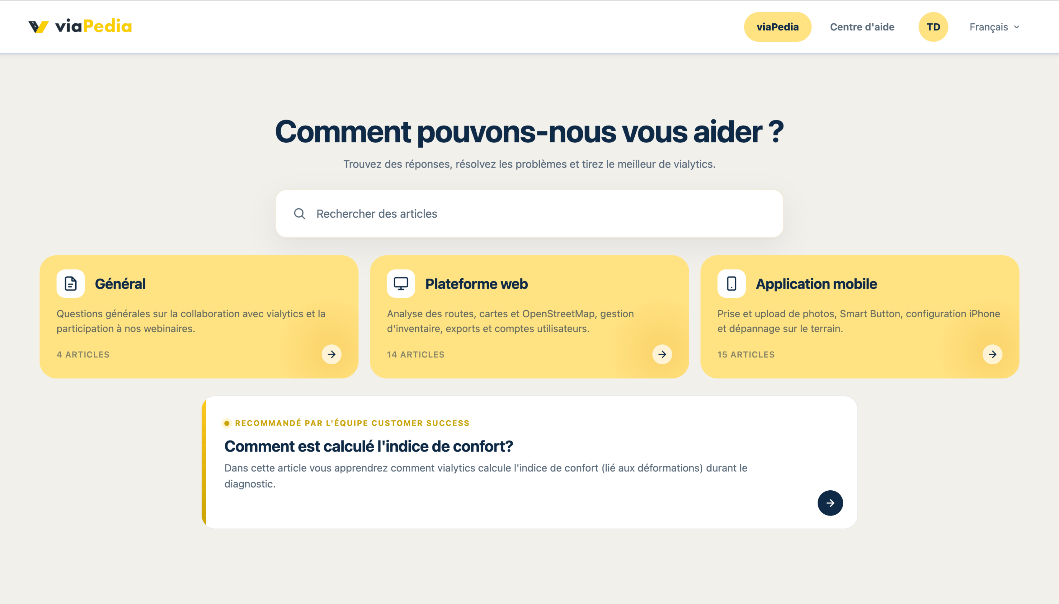 Page d'accueil du portail d'aide viaPedia avec barre de recherche et catégories pour les questions générales, le système web et l'application smartphone