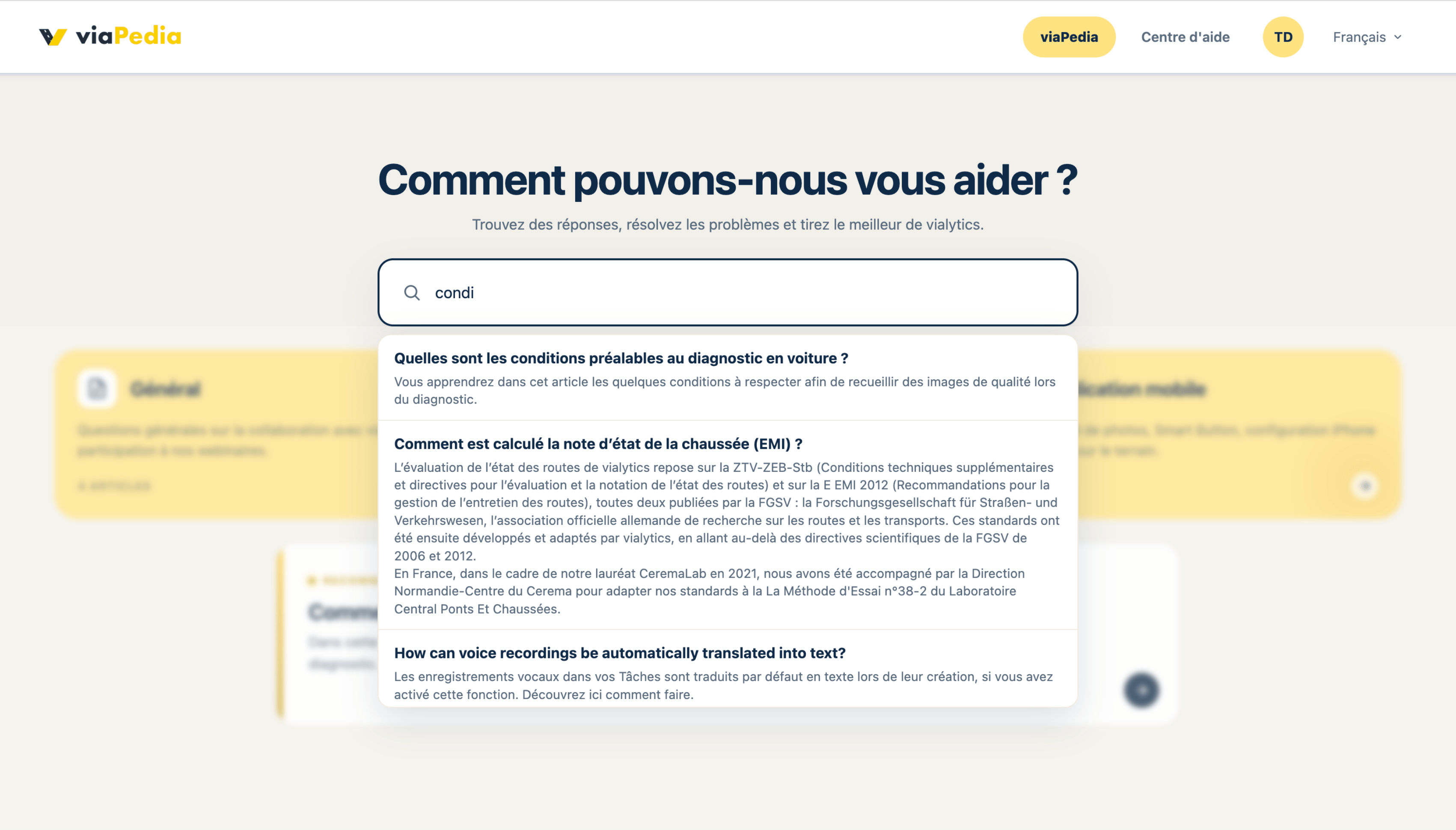 Recherche viaPedia avec saisie de mots-clés et suggestions d'articles d'aide