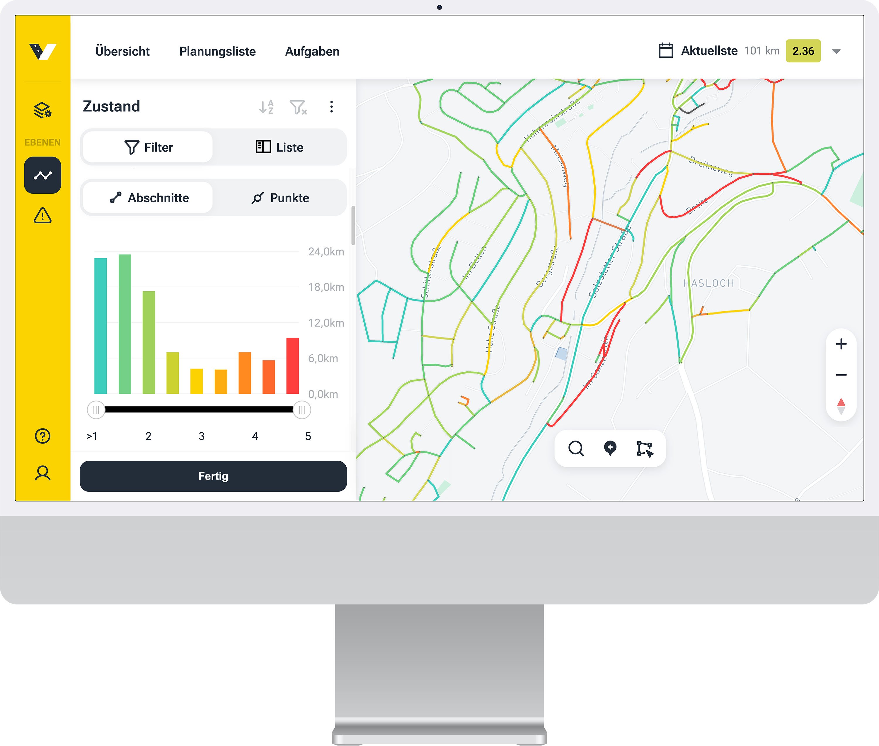 Capture d’écran de la plateforme vialytics montrant la vue cartographique d’une collectivité