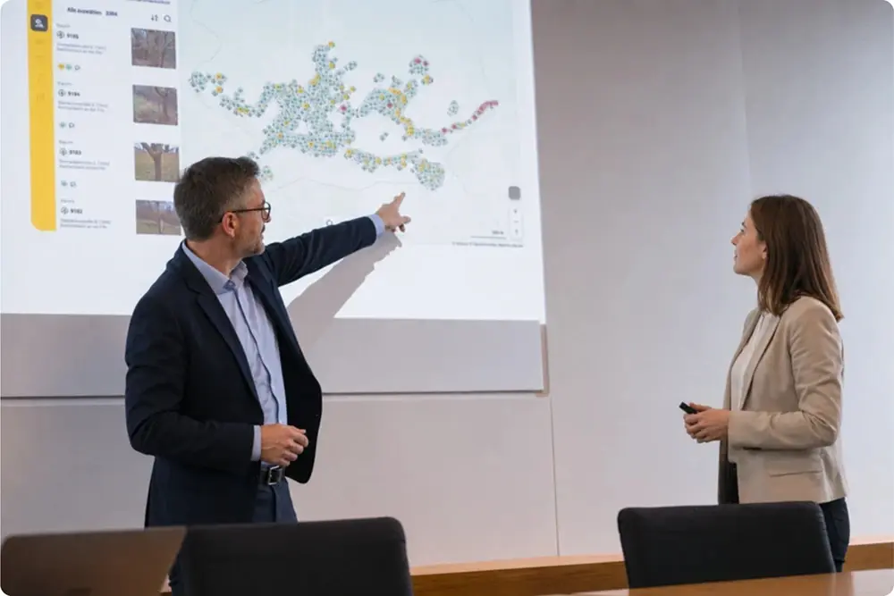 Présentation des rapports et tableaux de bord vialytics lors d'une réunion de collectivité
