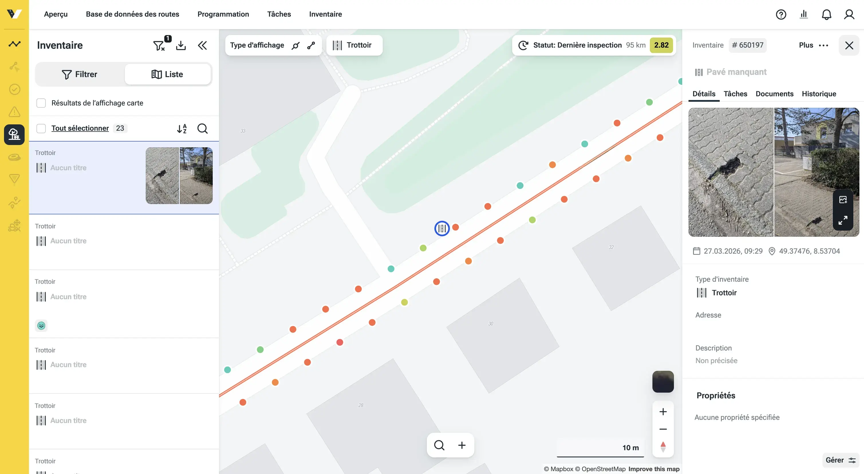 Capture d'écran de la plateforme vialytics montrant l'inventaire des trottoirs sur une carte