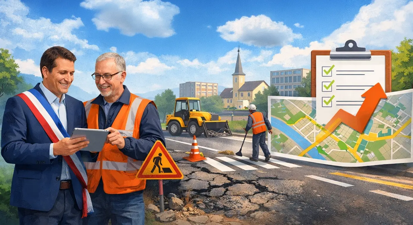 Une élu et un agent de voirie sur un chantier de réparation de route 