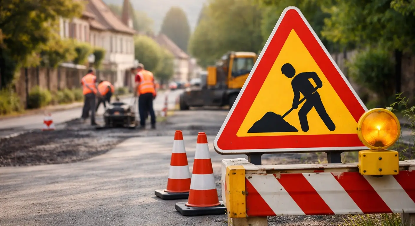 un panneau de chantier en premier plan avec des ouvriers de voirie en arrière plan