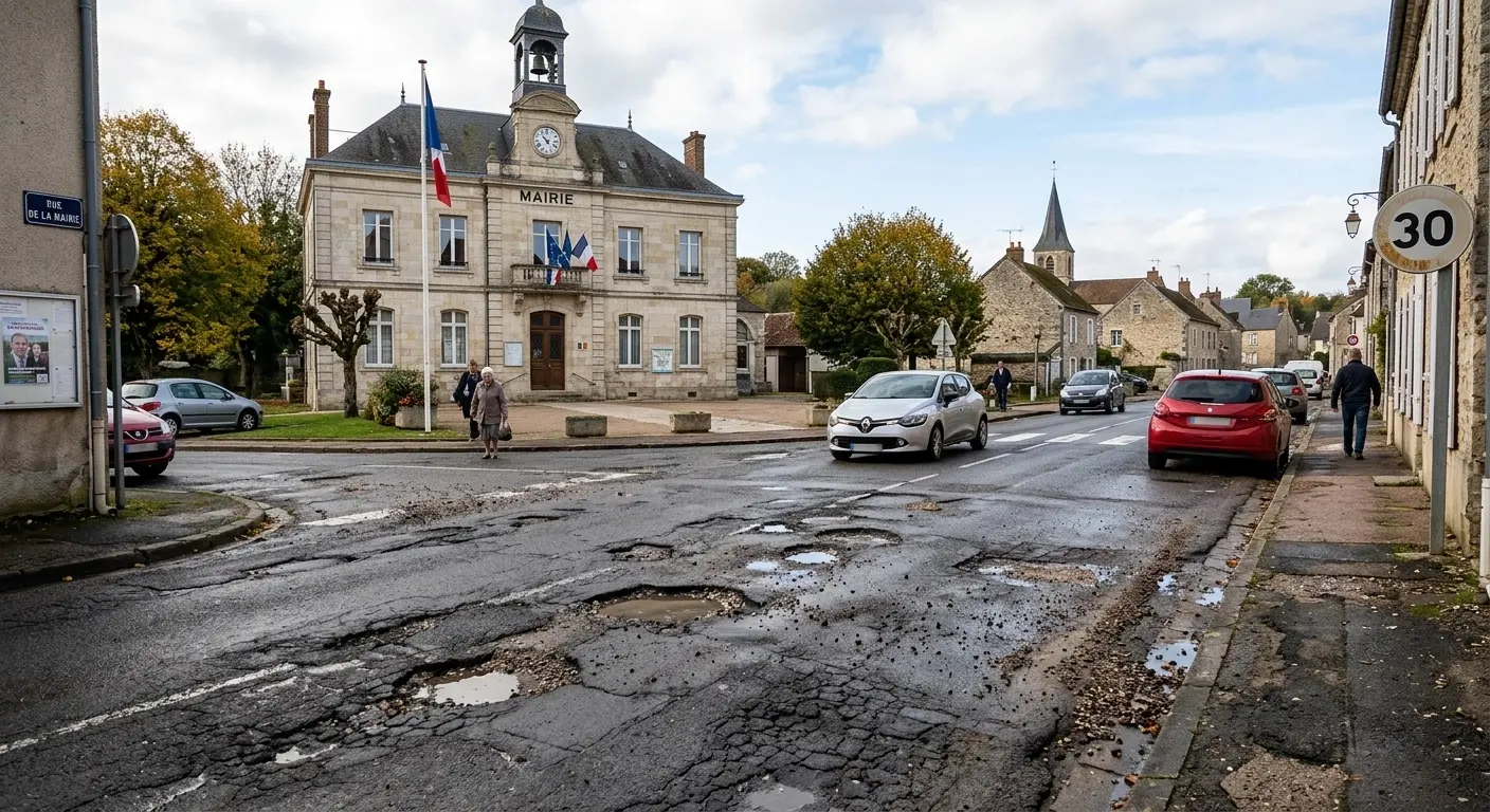 Une route très endommagée devant une mairie