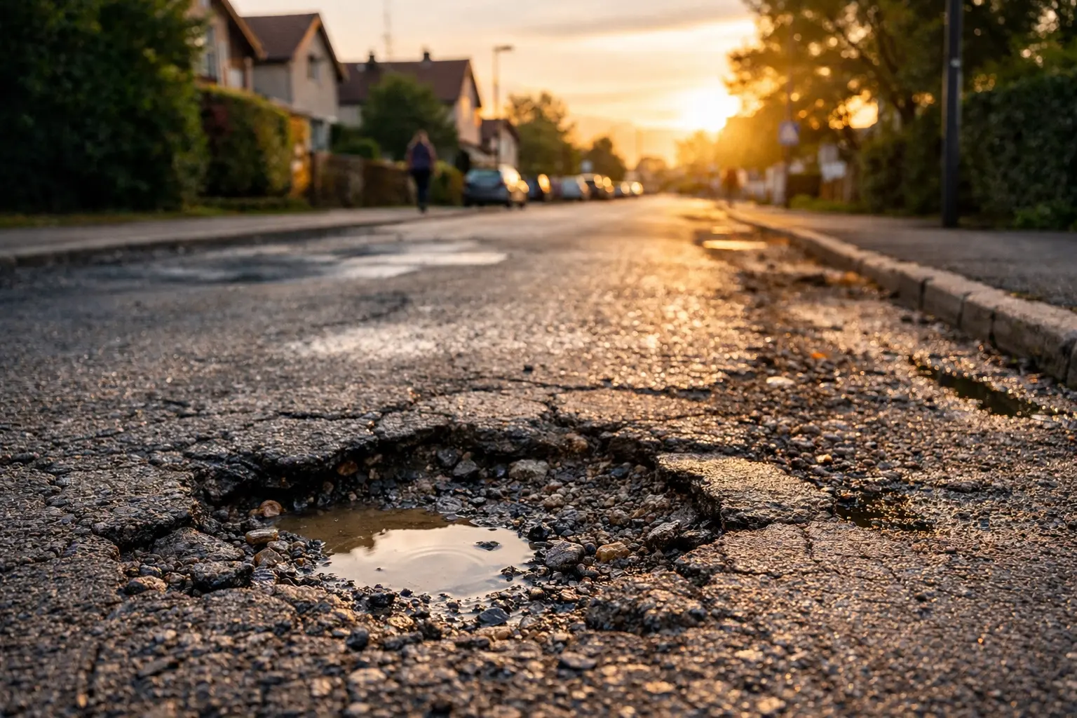 Un nid-de-poule dans la chaussée
