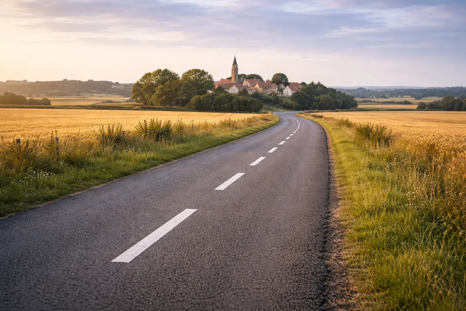 route en france avec un village au loin